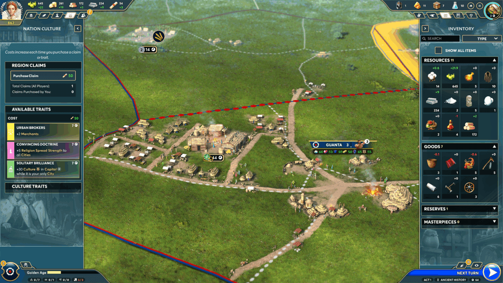 The living game world is flanked by the Nation Culture panel, detailing buffs that can be bought by the player, and the Inventory panel, which details the items in the player's inventory along with production/consumption rates.