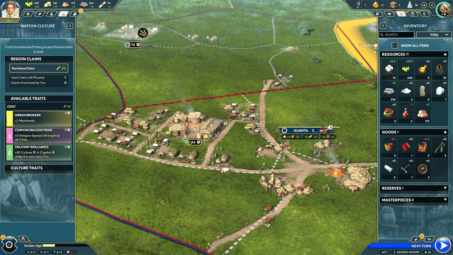 The living game world is flanked by the Nation Culture panel, detailing buffs that can be bought by the player, and the Inventory panel, which details the items in the player's inventory along with production/consumption rates.