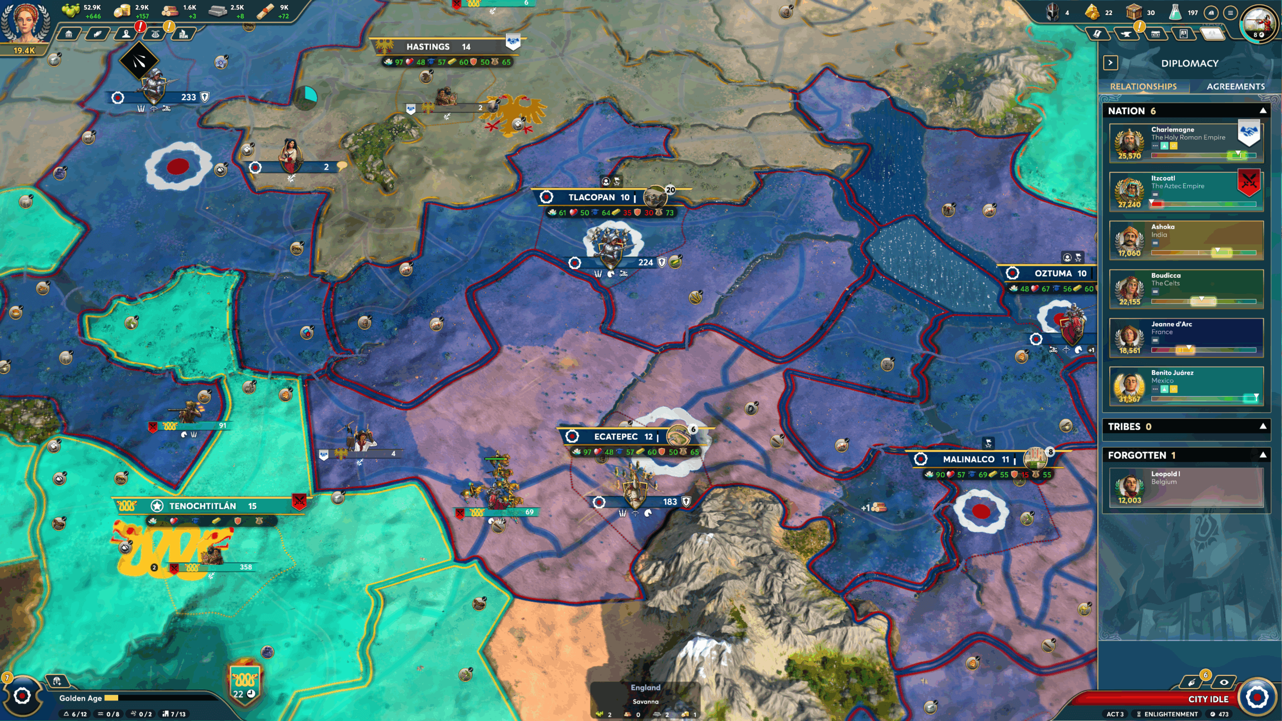 A grand strategic map displays competing civilizations with color-coded territories, with game interface elements showing diplomatic relationships.