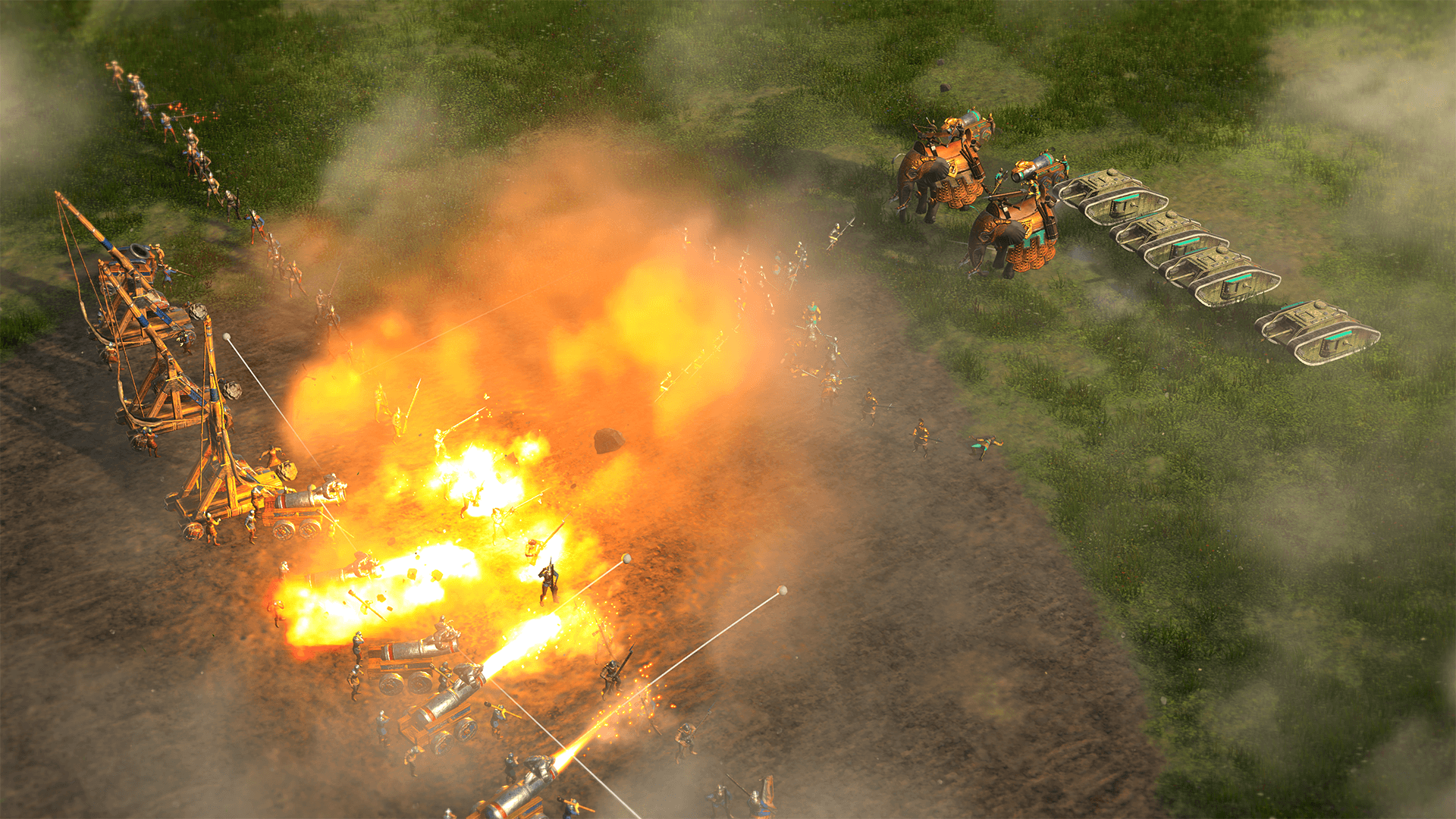 Intense tactical combat shows armies comprised of units from across the eras clashing with explosive effects as military units engage in real-time battlefield action, tanks escorted by swordsmen clash with musketeers guarding trebuchets and canons.